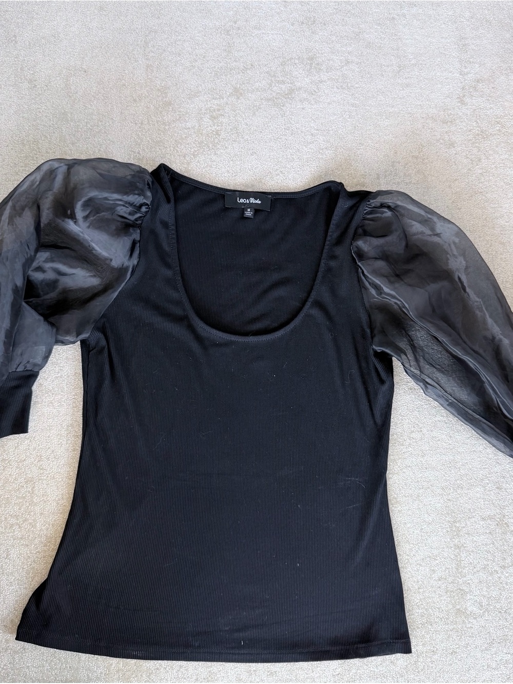 Lea & Viola Black Organza Puff Sleeve Top Medium